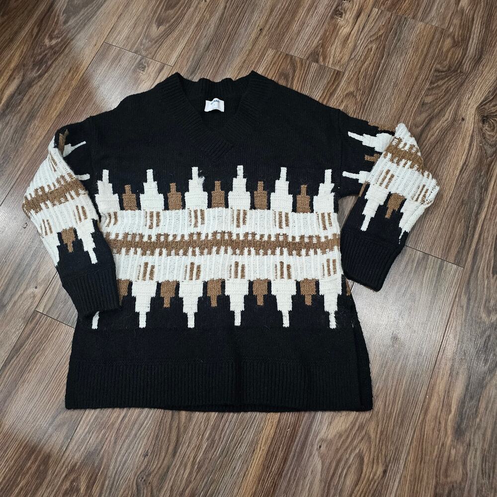 Old Navy Black & Earth Tone Fair Isle Oversized V Neck Sweater Size M